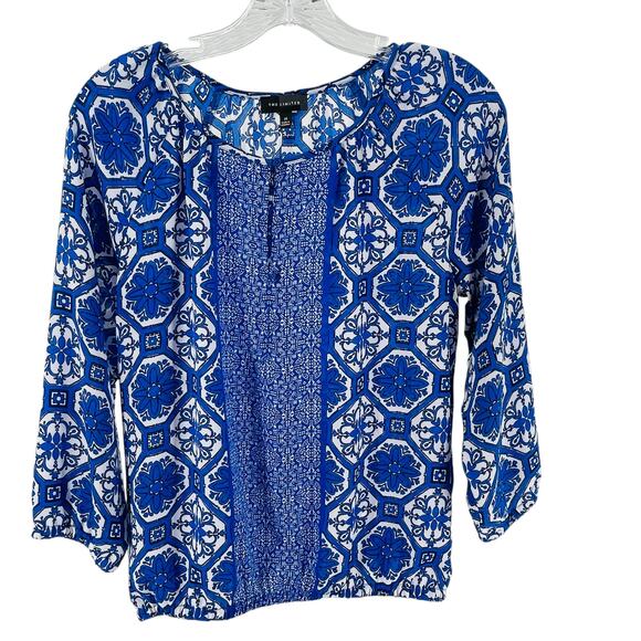 The Limited Blue White Geometric Lightweight Long Sleeve Boho Blouse Top XS - Picture 2 of 9